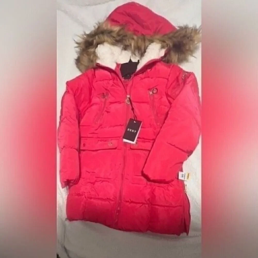 New DKNY Big Girls Long Puffer Jacket Fuschia size 16